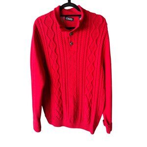 Chaps Red Fisherman Cable Knit Sweater 3 button M 100% Cotton Long Sleeve Preppy